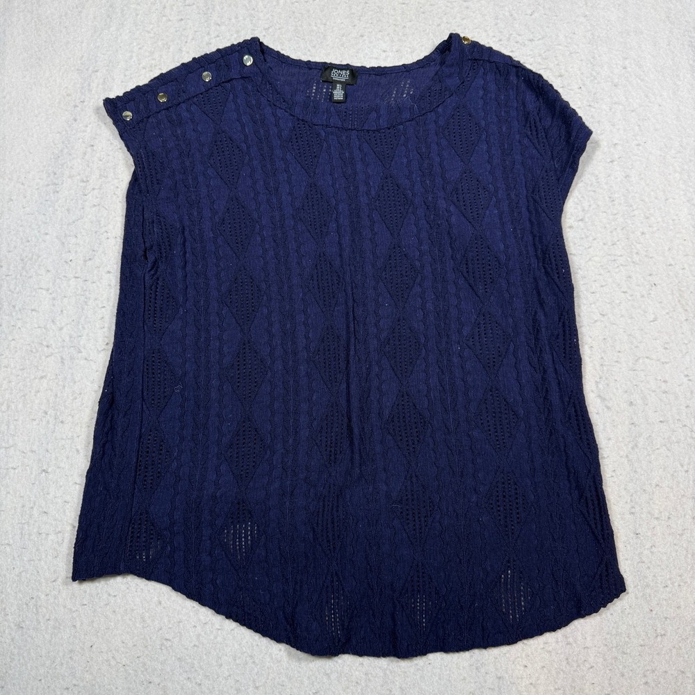 Jones New York Signature Navy Blue Diamond Cable Knit Button Shoulder Top Large